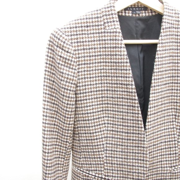 Theory Wool Houndstooth Open Blazer Jacket Tan - Picture 3 of 6